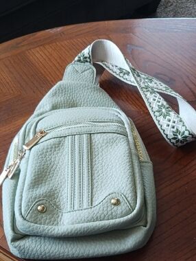 Mint Textured Crossbody Sling Bag with Embroidered Strap